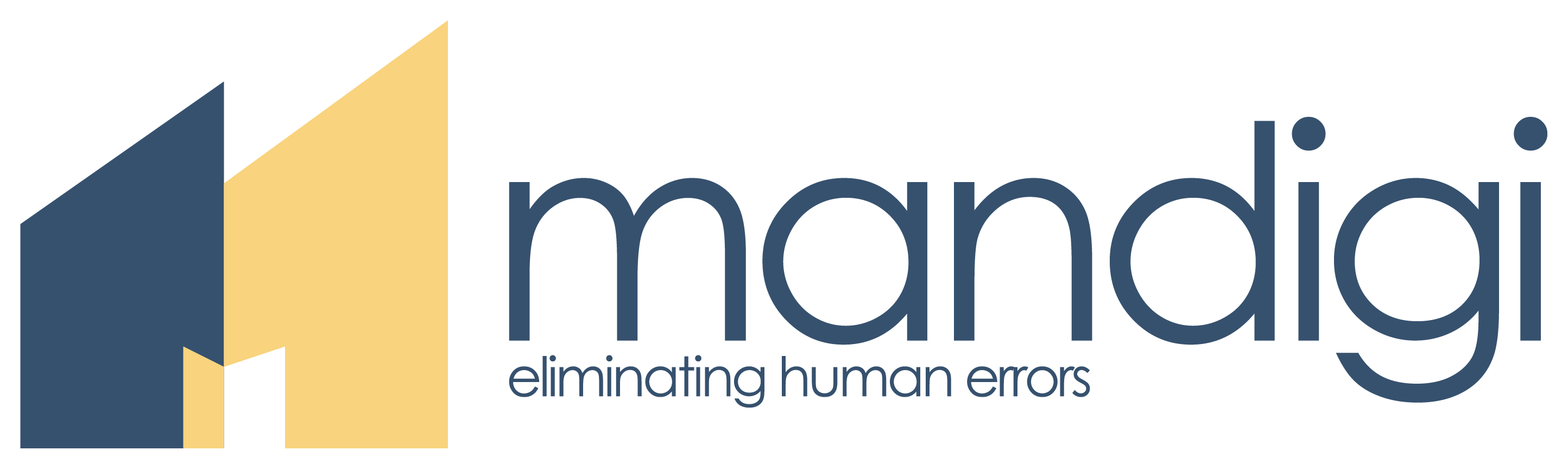 Mandigi's original blue and yellow factory-inspired symbol, lowercase wordmark and eliminating human errors tagline