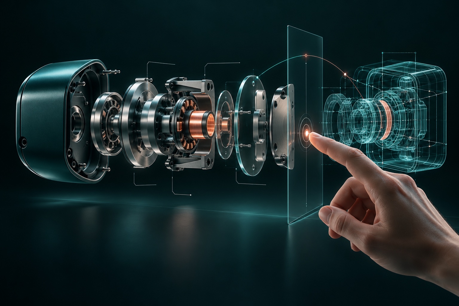 Concept illustration of an exploded precision device linked to its wireframe model as a hand selects an input