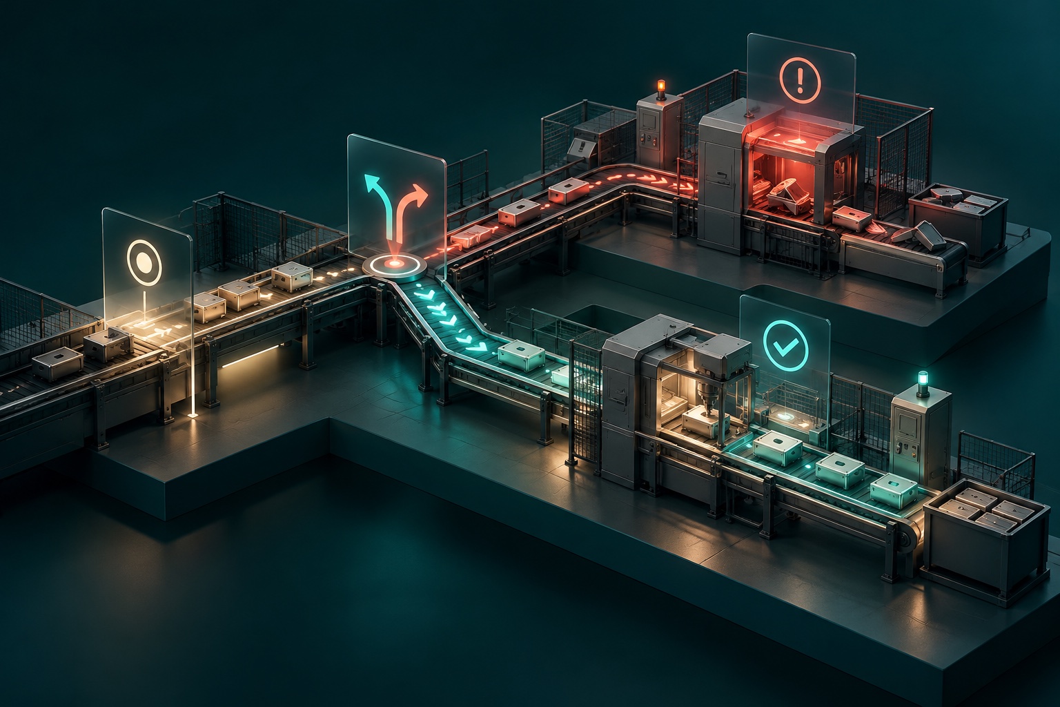 Concept illustration of a training simulation game where one process decision branches toward success or failure